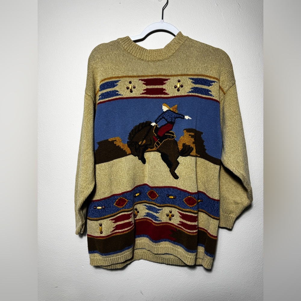 Vintage 90s Liz Sport Knit Sweater Sz L western horse riding country beige blue